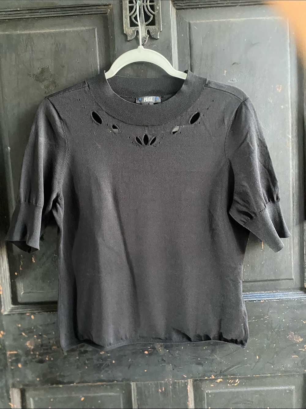 PAIGE Black Short Sleeve Knit Top with Cutout Neckline